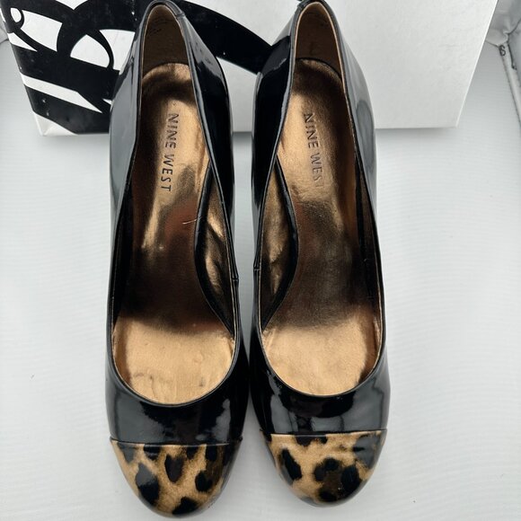 NINE WEST Black Patent Leopard Cap-Toe Pumps Size 6.5 M - Picture 2 of 8